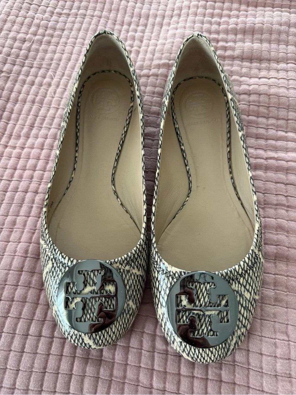 Tory Burch Snake-Print Leather Reva Ballet Flats in Cream/Black 8